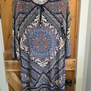 Navy Printed Long-Sleeve Medallion Dress with Tie Neck